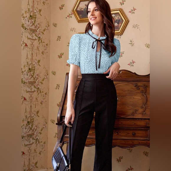 Polka Dot Print Tie Neck Puff Sleeve Ruffle Blouse - Light Blue - Picture 3 of 9